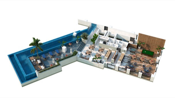 Render del Sky 13 con SkyBar, Lounge, Salón de juegos, Infinity pool, Camastros y una increíble vista